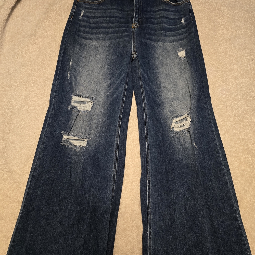 Classic Distressed Wide Leg Jeans in Deep Blue